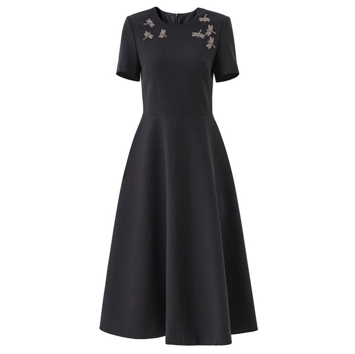 Short-sleeve midi dress with crystal dragonfly embellishments – STARLIT