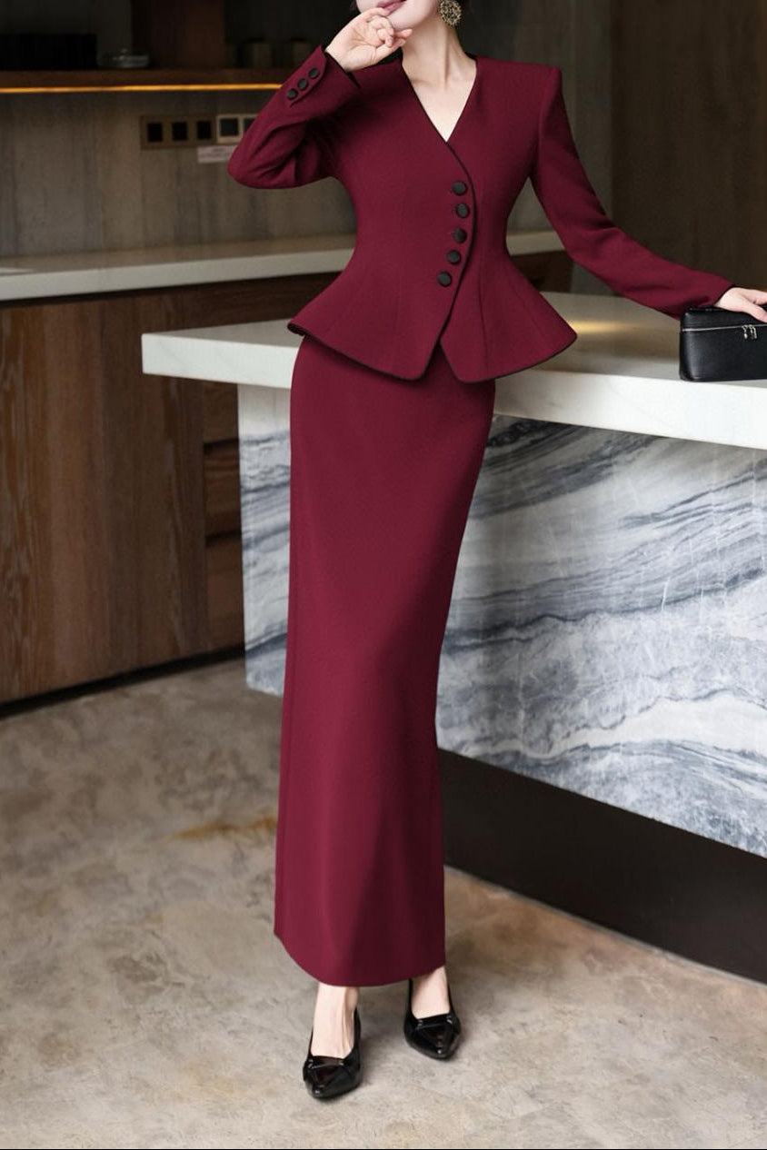 peplum skirt suit with contrast piping – NOIRE