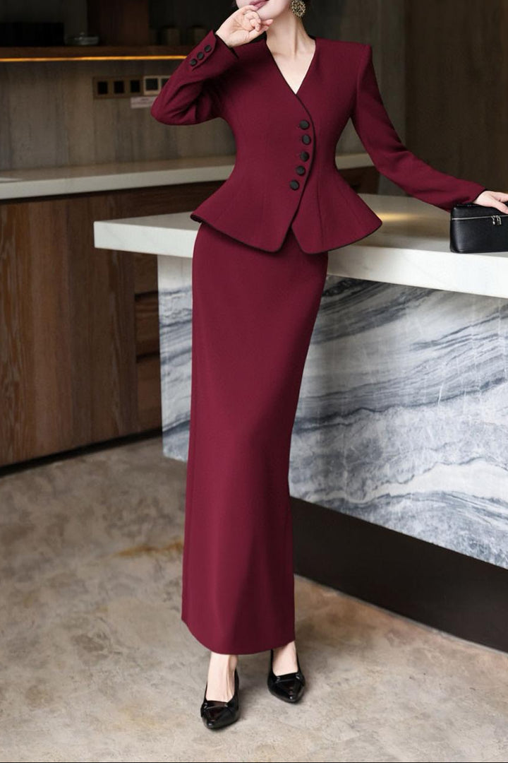 peplum skirt suit with contrast piping – NOIRE