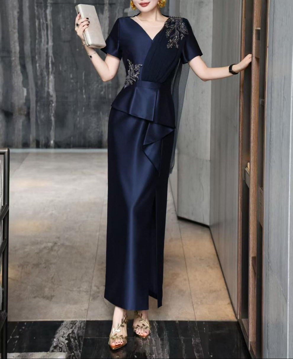 v-neck satin gown with embellished floral drape – NAVIA