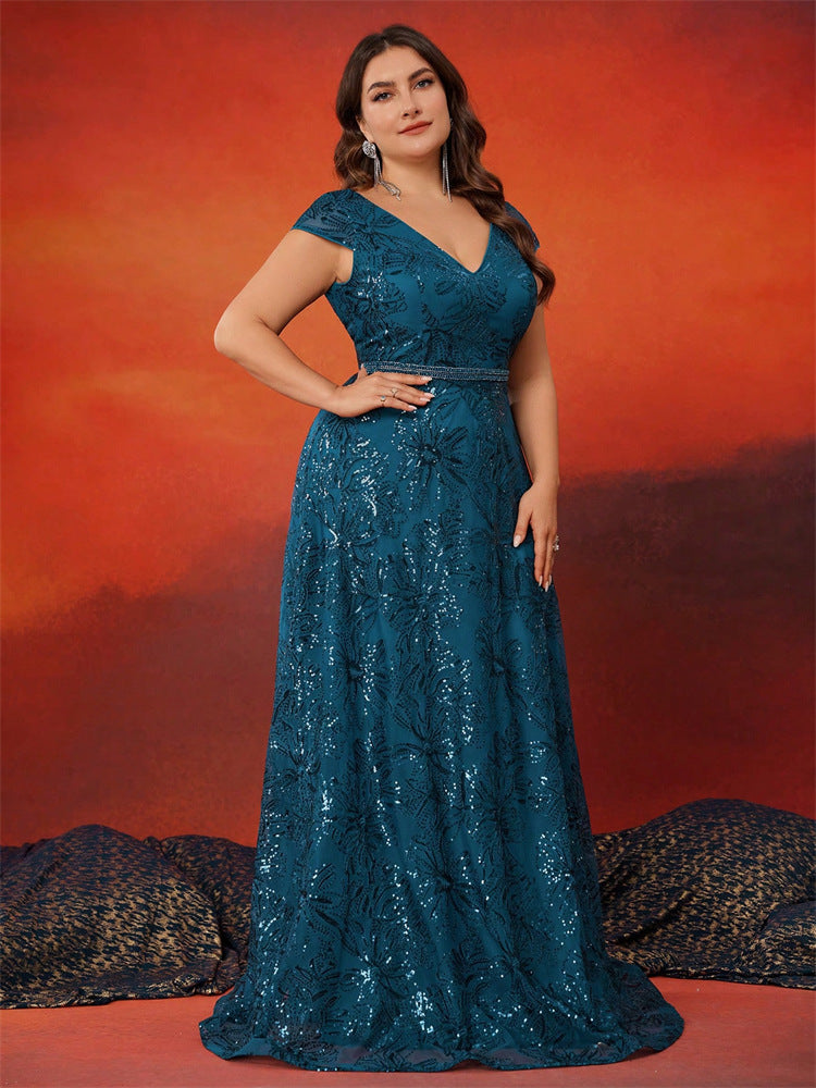 sequin lace gown with V-neck and cap sleeves – EMERALDIA