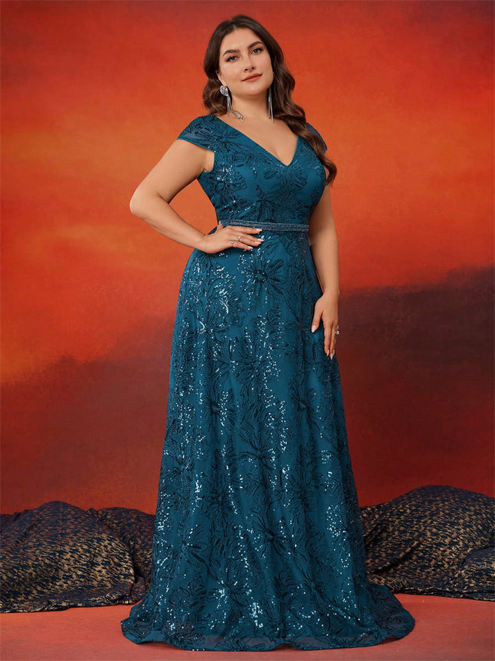 sequin lace gown with V-neck and cap sleeves – EMERALDIA