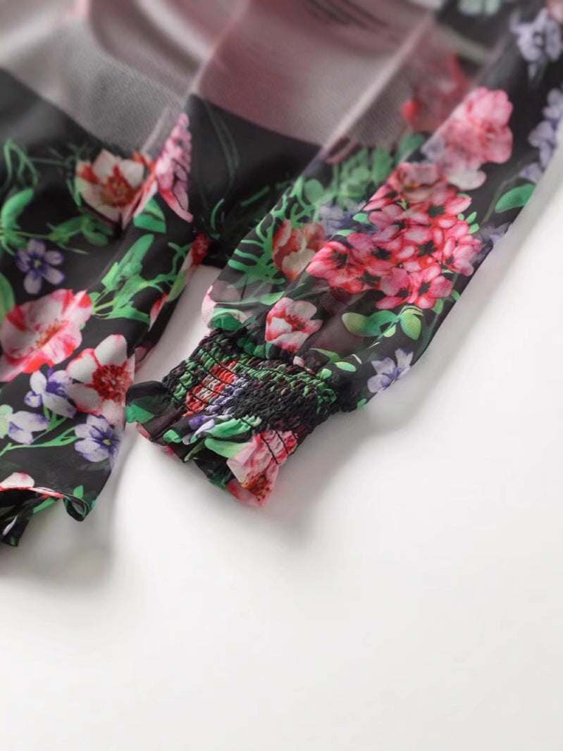 فستان شيفون متوسط ​​الطول بطبعة زهور وفتحة رقبة مزينة بفيونكة – فلورا