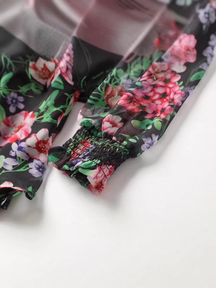 فستان شيفون متوسط ​​الطول بطبعة زهور وفتحة رقبة مزينة بفيونكة – فلورا