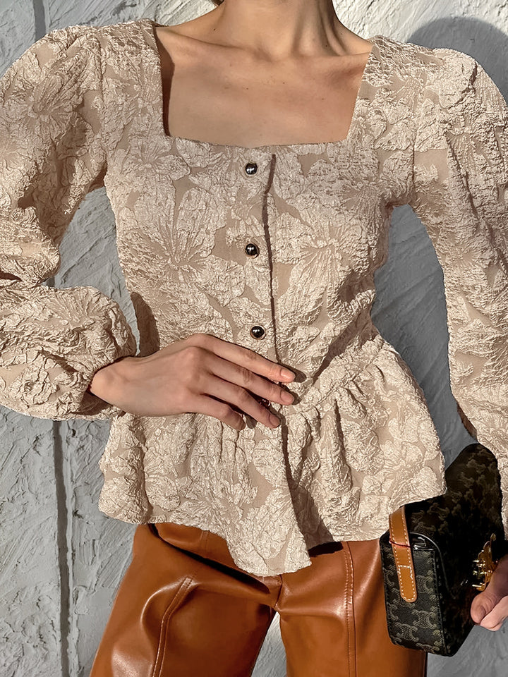 brocade puff-sleeve blouse with square neckline – DAMARA