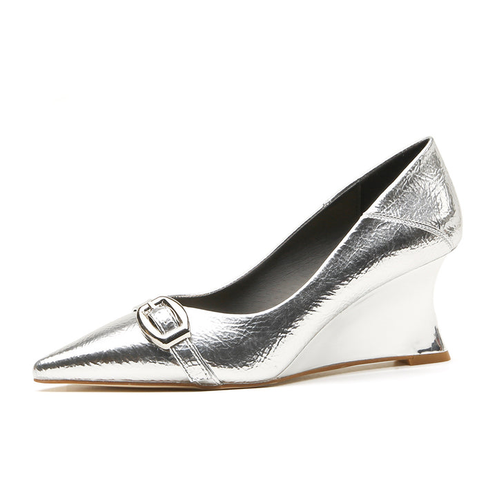 pointed toe metallic wedge pumps with buckle detail – LUMIA