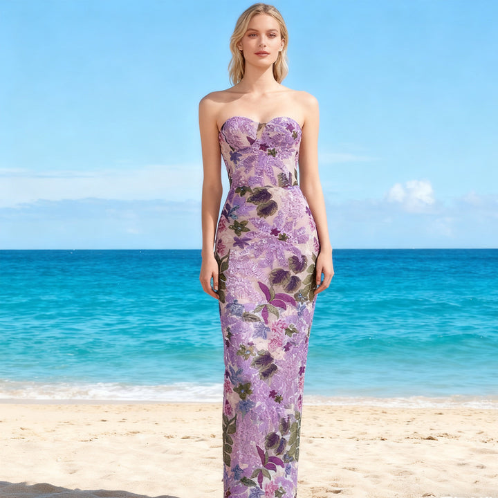 Strapless Floral Embroidered Mesh Gown – AURELIA