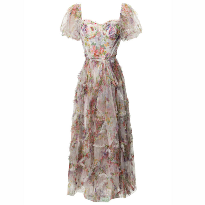 puff sleeve tiered tulle gown with floral appliqué - AUROZRA