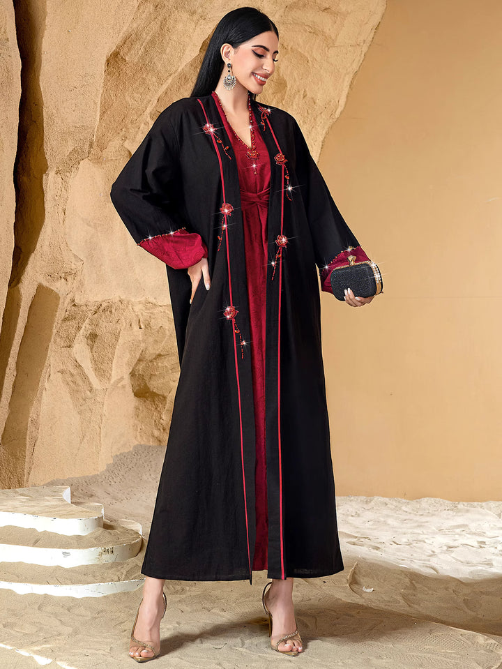 short-sleeve jacquard dress with open abaya - AMARAK
