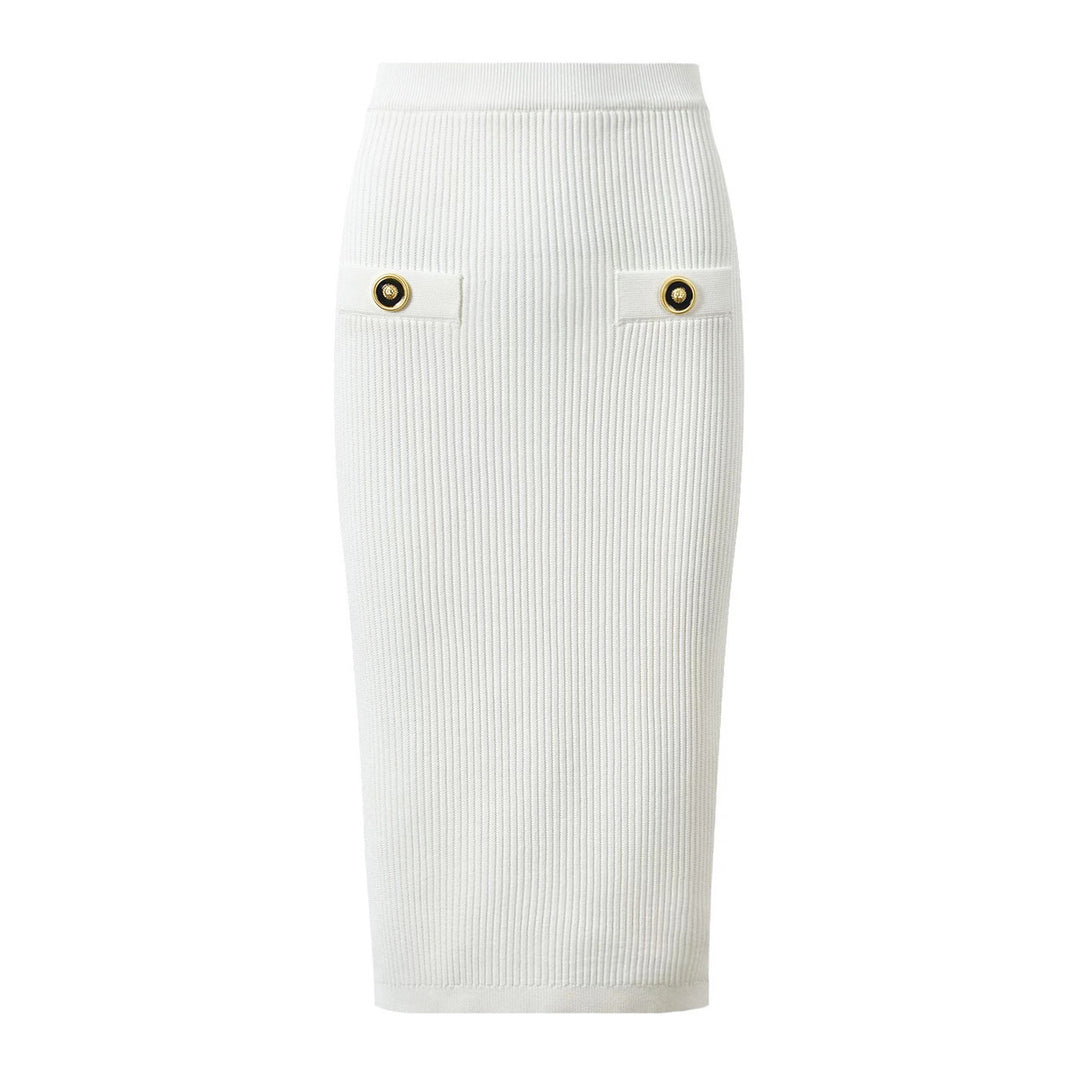 ribbed knit skirt set with gold button detail - AURELIAMI