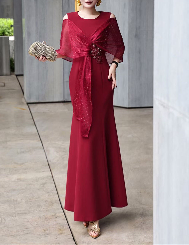 cold-shoulder flare gown with embellished wrap – ROSABELLA