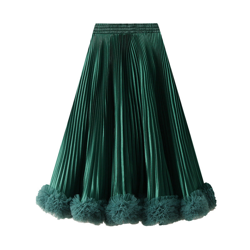 Pleated satin skirt with ruffled hem – VELORA