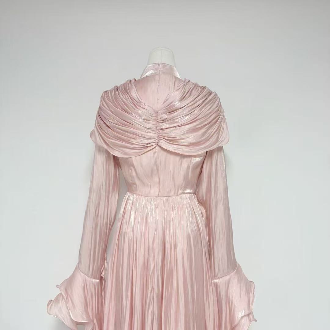 draped satin midi dress with ruffled sleeves – ROSALINE