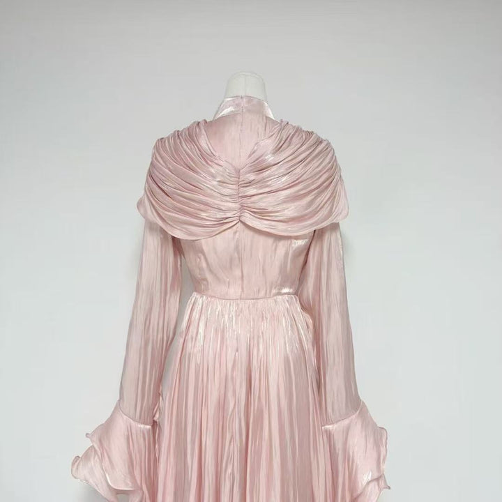 draped satin midi dress with ruffled sleeves – ROSALINE