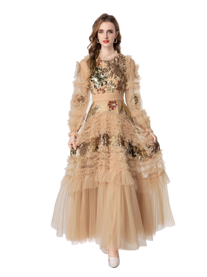 فستان من التول المكشكش مع تطريز بالترتر الزهري – أورورا