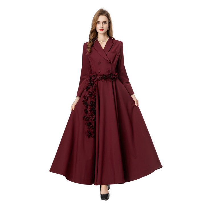 double-breasted crepe gown with 3D floral waist – MAURELLE