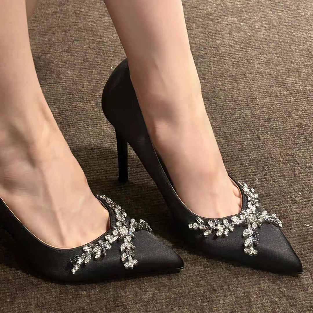 satin pointed-toe heels with crystal leaf embellishment – SERENABA