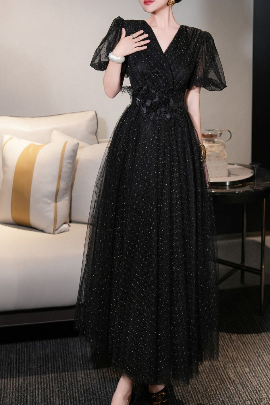 belted tulle wrap dress with flutter sleeves – ESMÉE