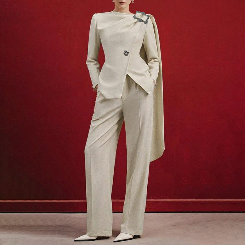 asymmetric draped blazer with crystal shoulder detail – IVORYA