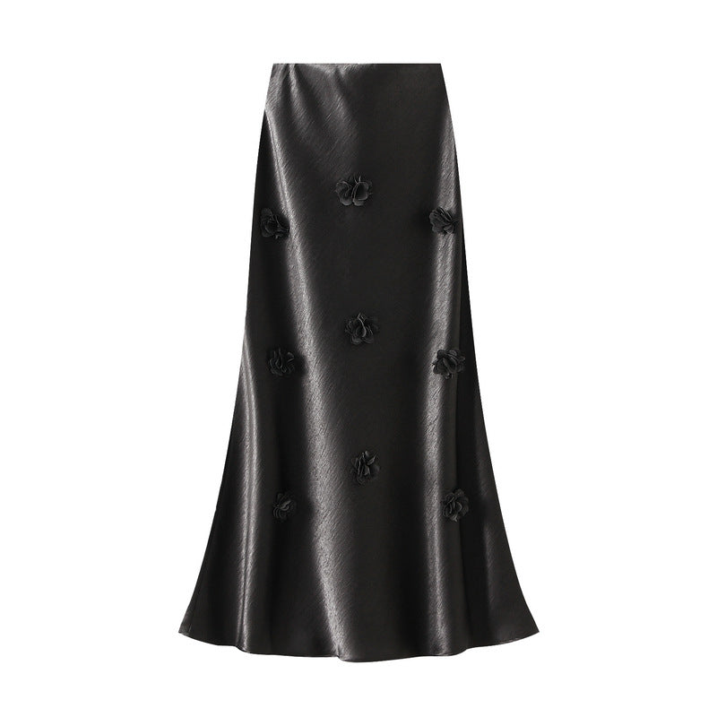 satin midi skirt with 3D floral appliqués – AMÉLIE