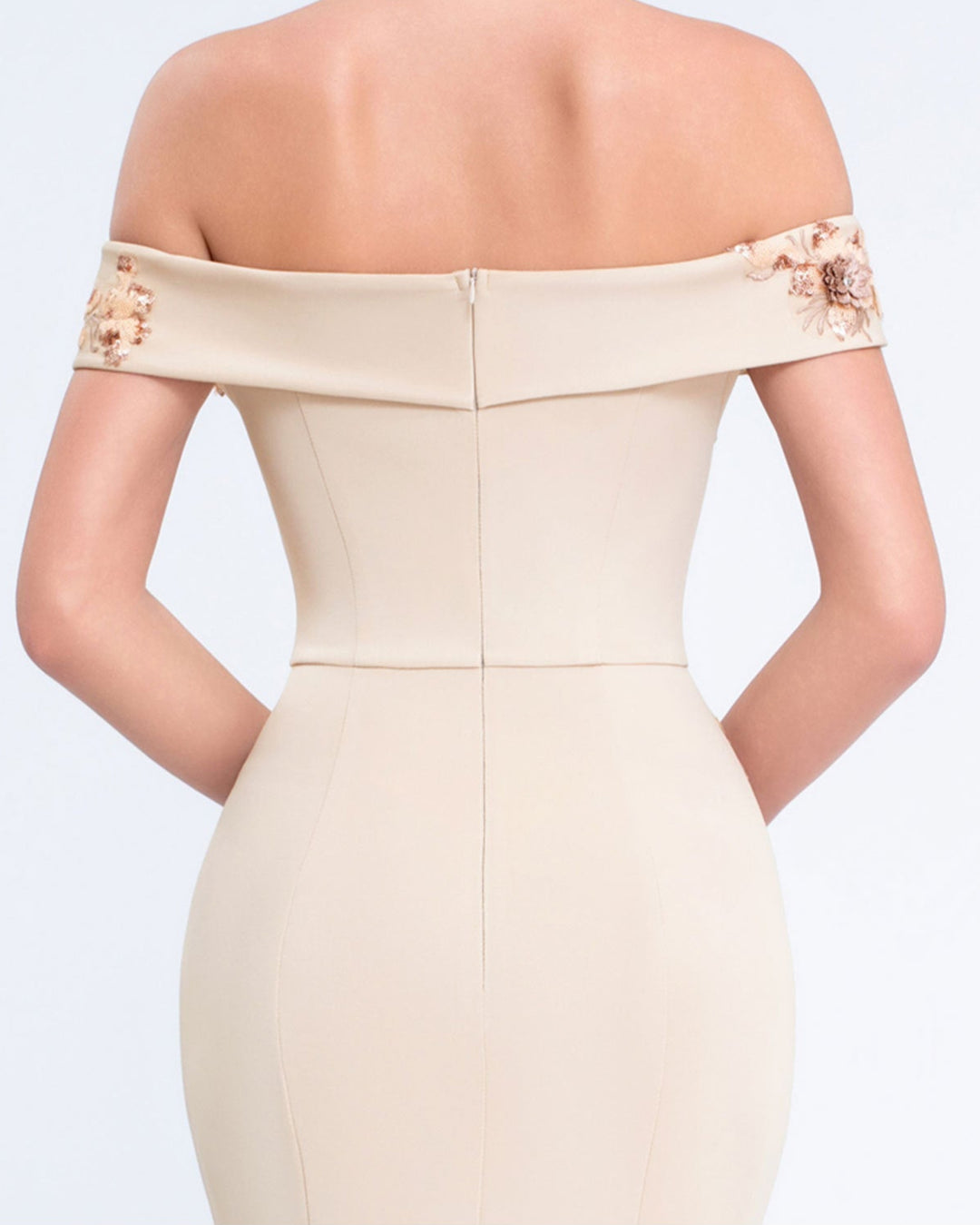 off-shoulder gown with floral appliqué and side ruffle – SERENATJI