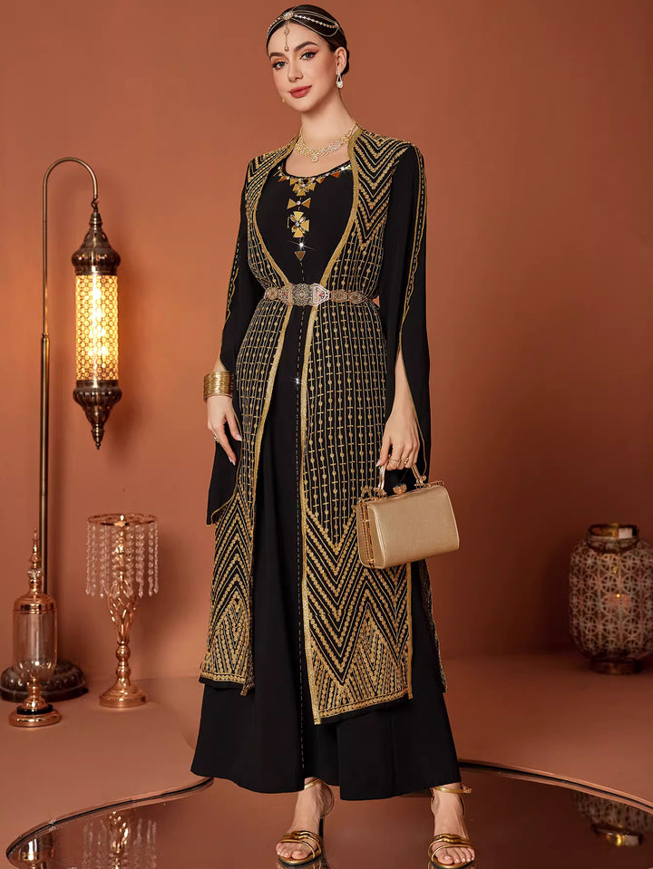 Luxury Embroidered Open Abaya with Gold Detailing – ZAHRA