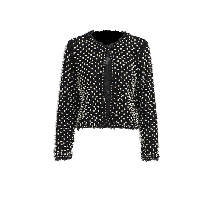 cropped black jacket with pearl stud embellishment – PEARLÉ