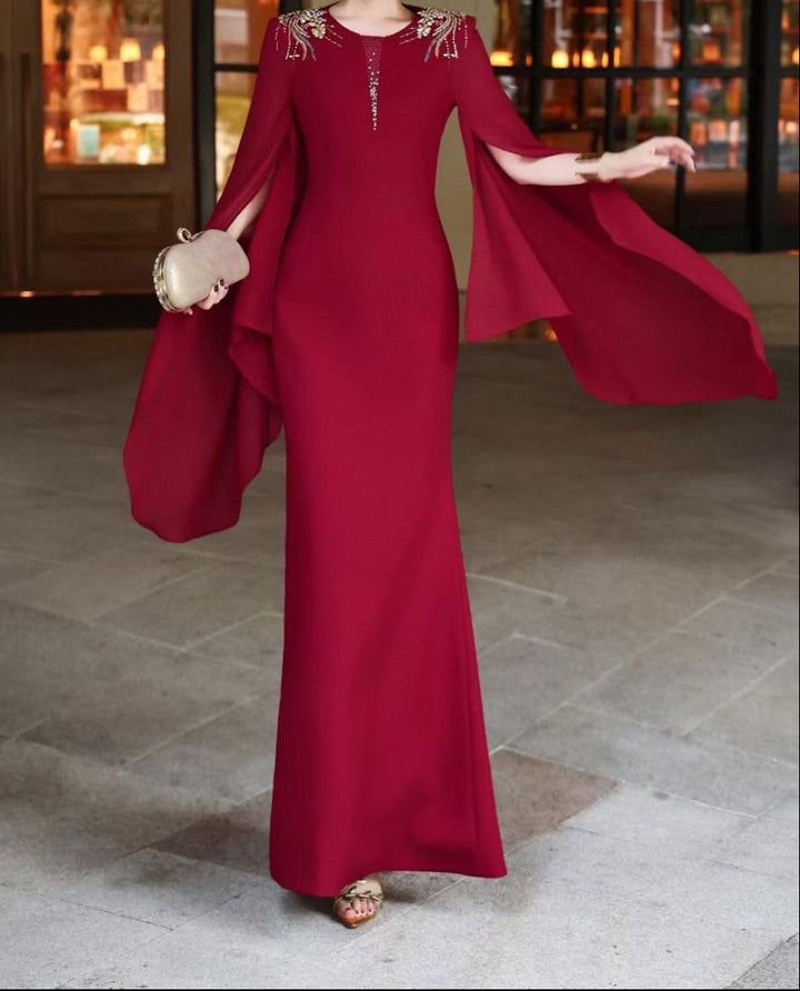 cape-sleeve mermaid dress with embellished shoulders – ROSABELLE