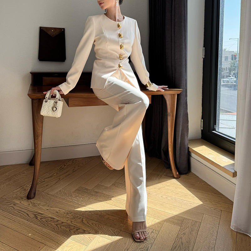 tailored ivory blazer set with gold statement buttons – AURELIE