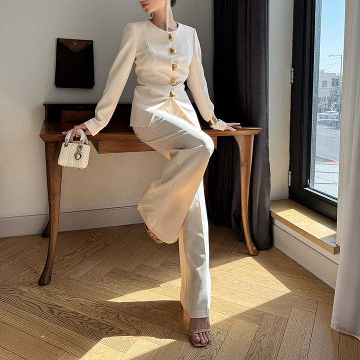 tailored ivory blazer set with gold statement buttons – AURELIE