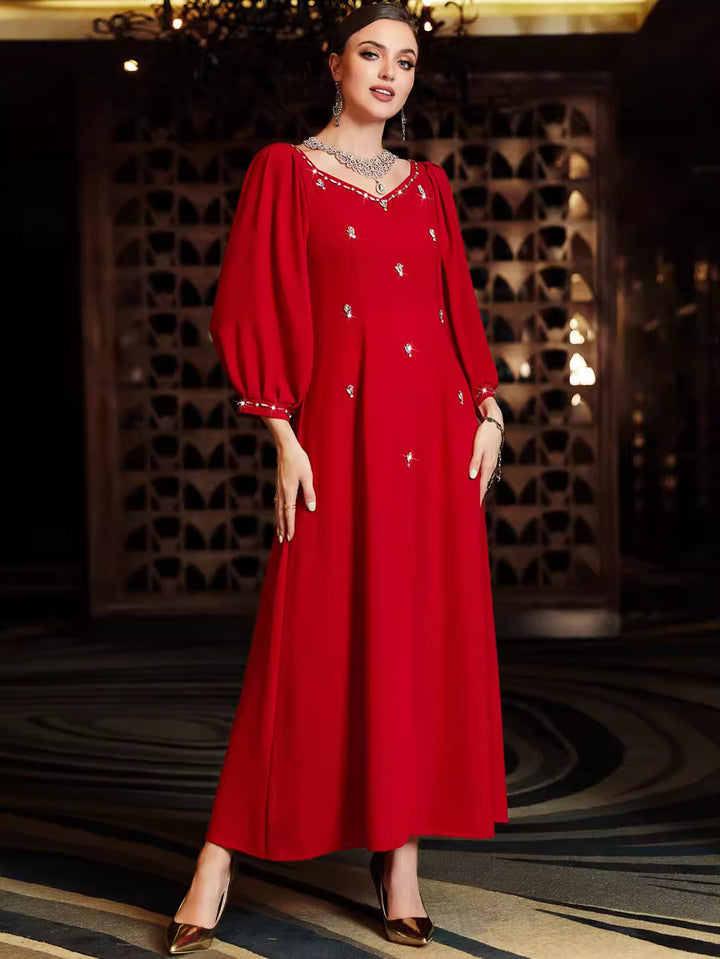 costume évasé sur mesure avec manches bouffantes en satin – VALENCIA 