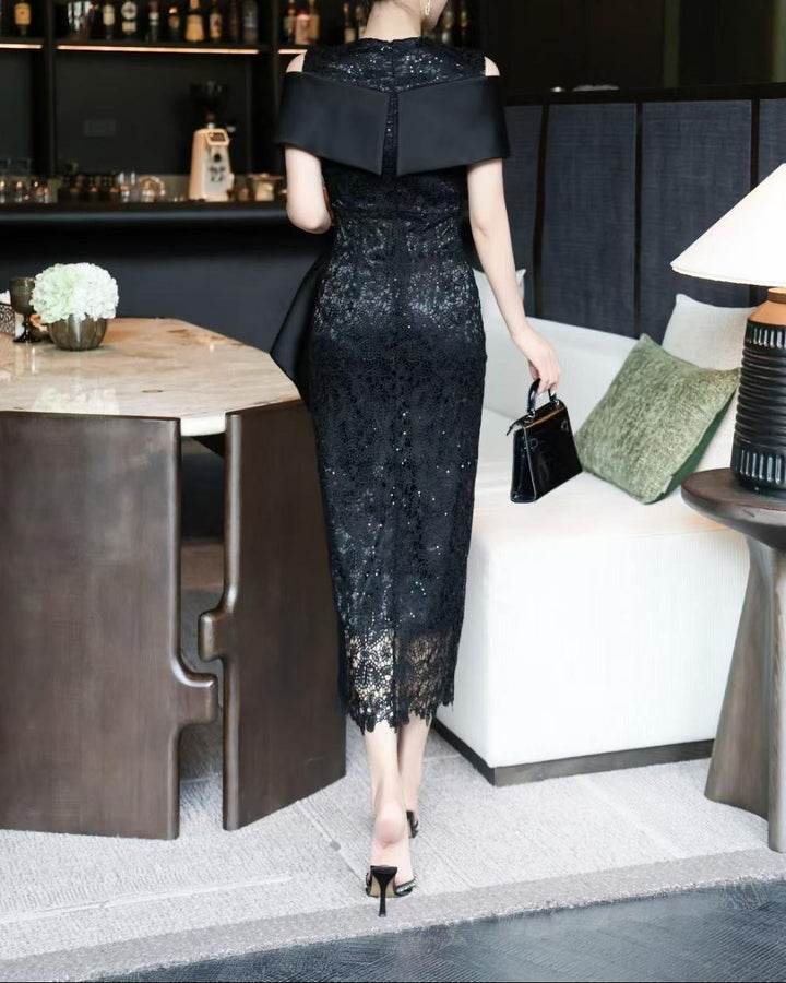 sequined lace dress with sculpted wrap bodice – RENÉ