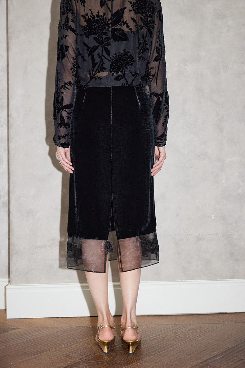 velvet midi skirt with sheer lace hem – HAYTHAM