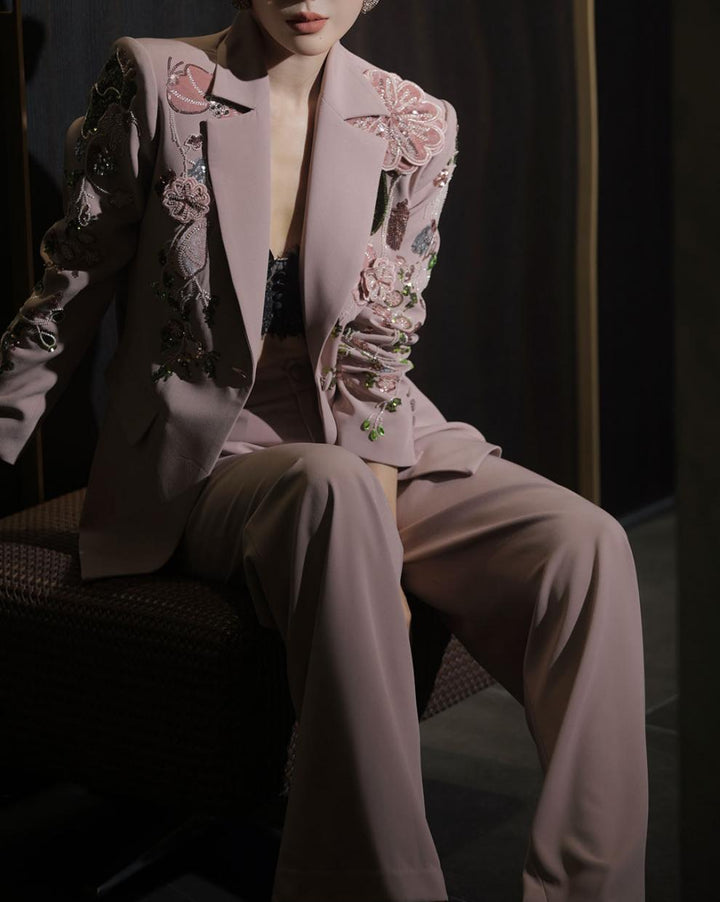 embroidered tailored blazer set with wide-leg pants – BLUSH ROSE