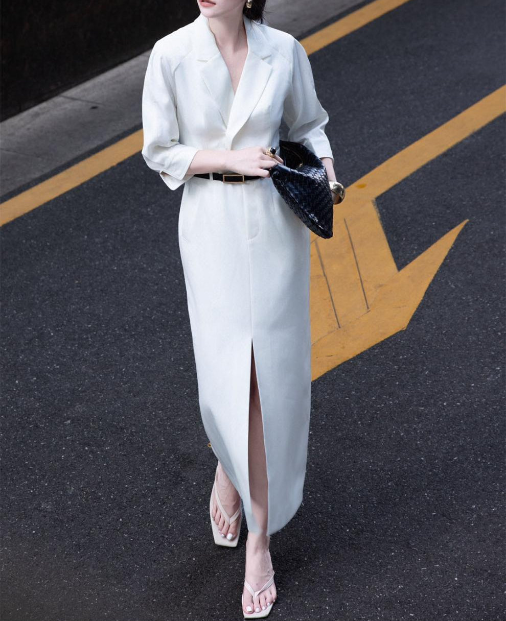 tailored wrap shirt-dress with front slit – VELINA