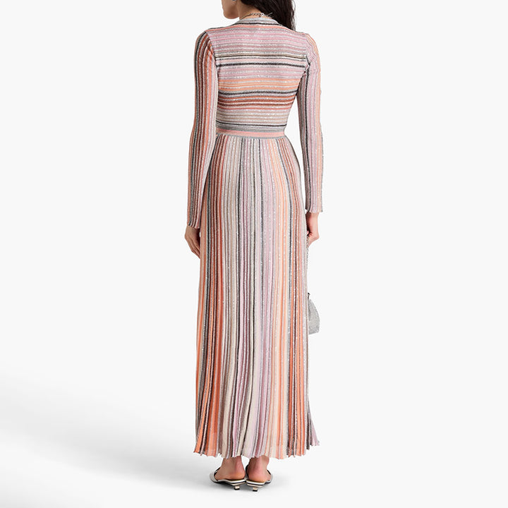 فستان مخطط معدني بأكمام طويلة ومطوي – سيديسبو