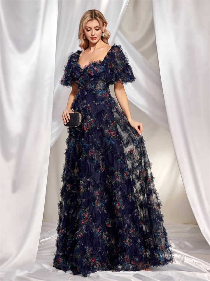 off-shoulder floral tulle gown with puff sleeves – NIGHT