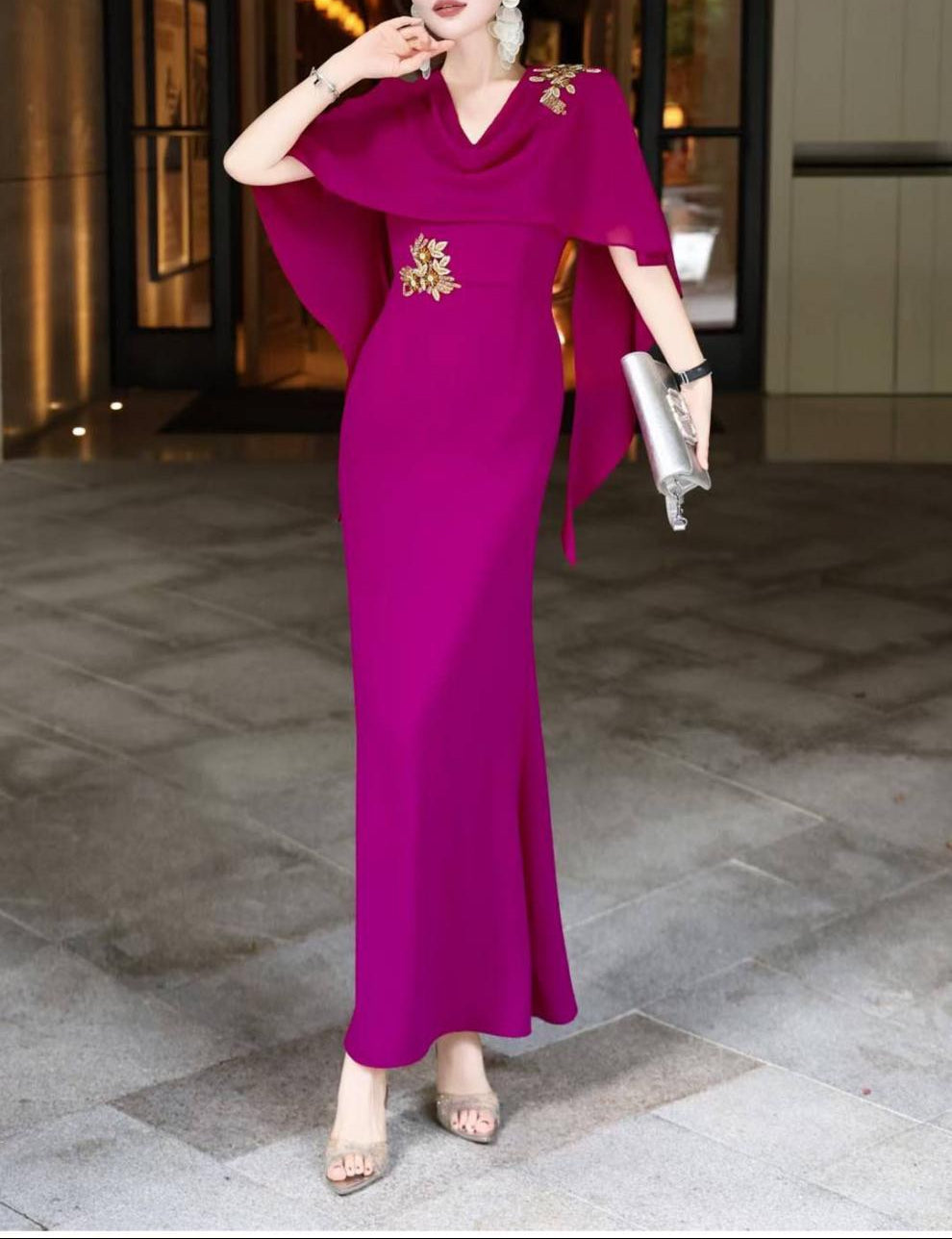 cape-draped mermaid dress with jeweled appliqué – VIOLA