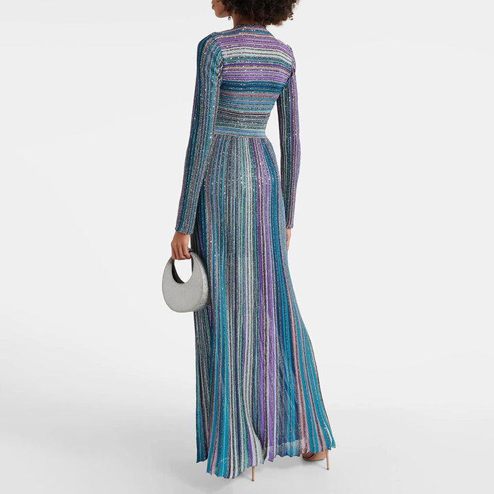 فستان مخطط معدني بأكمام طويلة ومطوي – سيديسبو