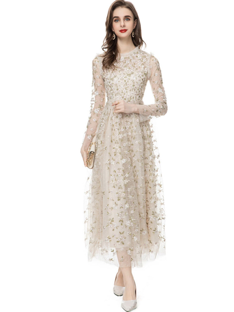 embroidered tulle midi gown with long sleeves – ORYVLA