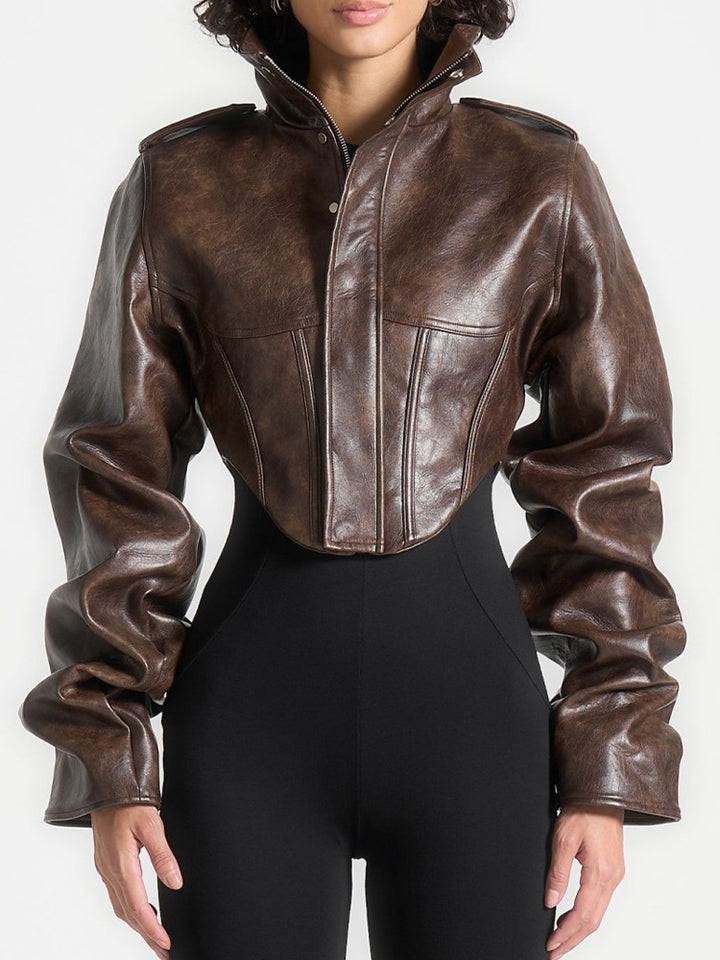 cropped leather jacket with high collar – AERO