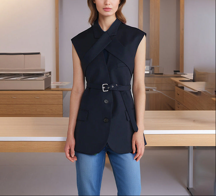 structured belted blazer with asymmetric lapel – VELORA