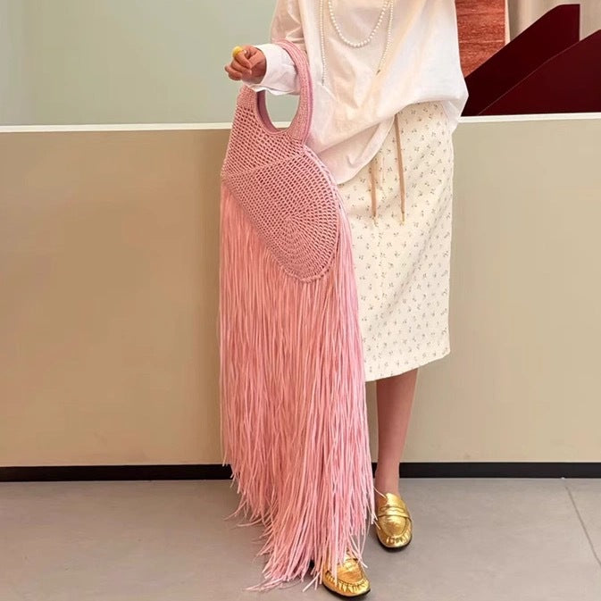 woven fringe tote bag with round handle – SIENARU