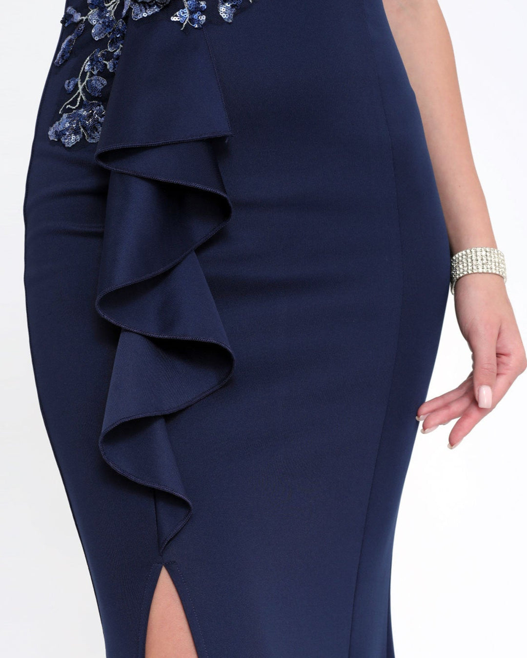 off-shoulder gown with floral appliqué and side ruffle – SERENATJI