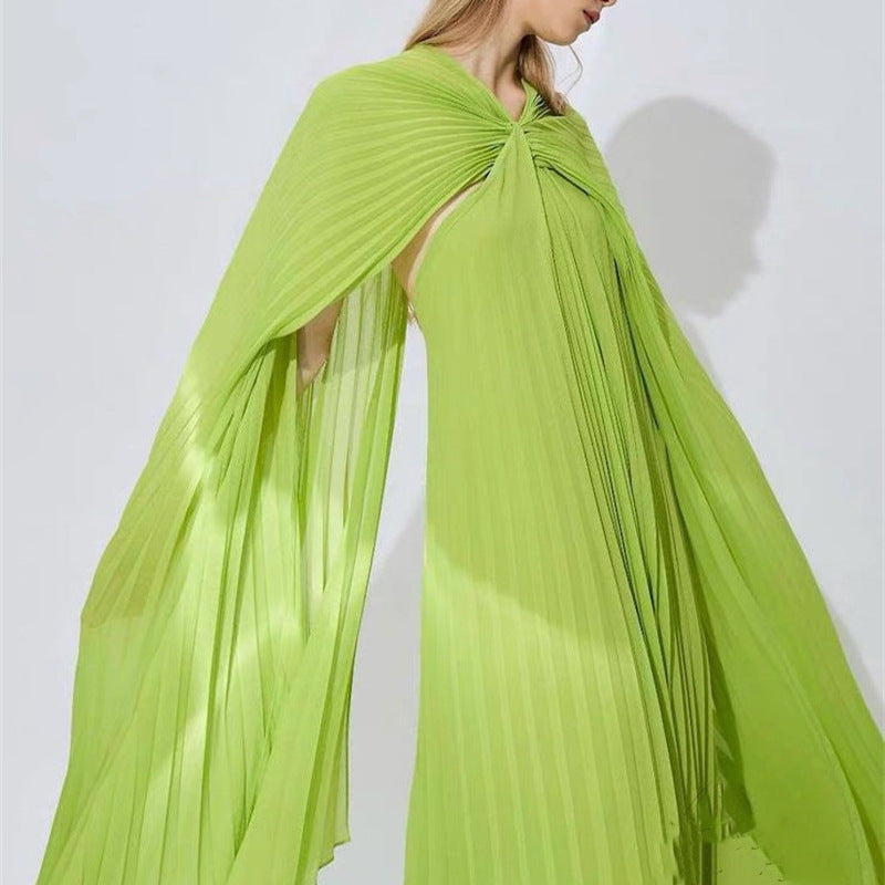 Plissiertes Oberteil mit ausgestellten Ärmeln und Maxirock-Set mit Taillengürtel – Rosiny 