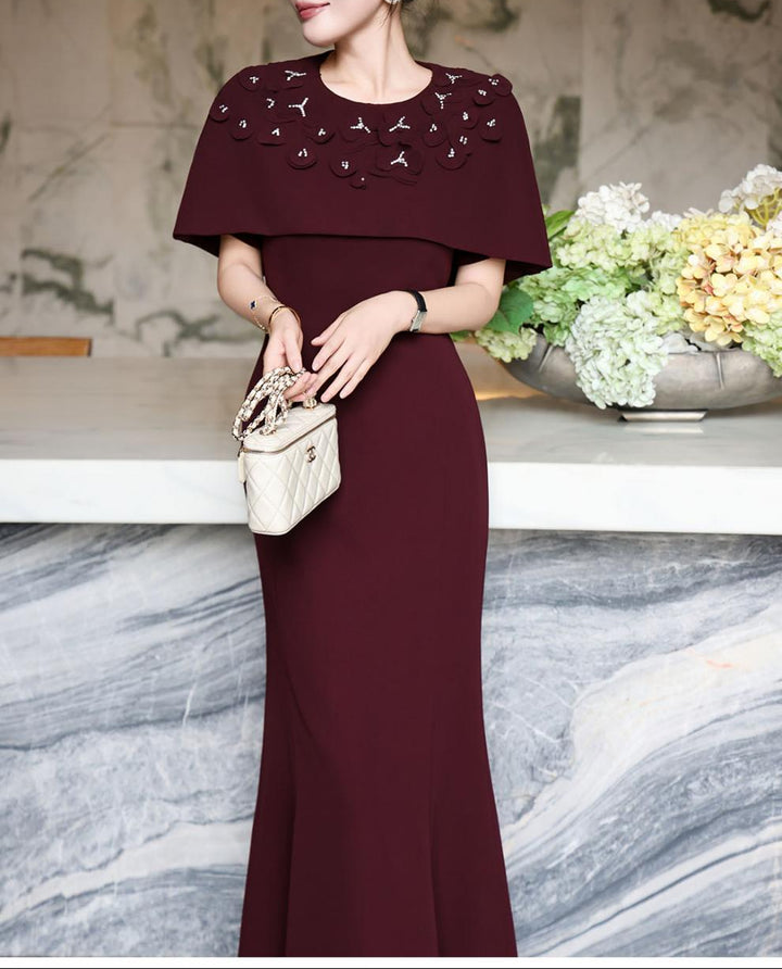 cape-shoulder mermaid dress with embellished neckline – FUCHSIA