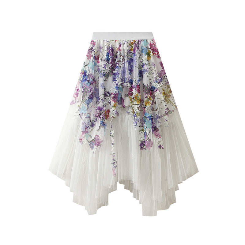 asymmetric floral tulle midi skirt with layered hem – FLORETTE