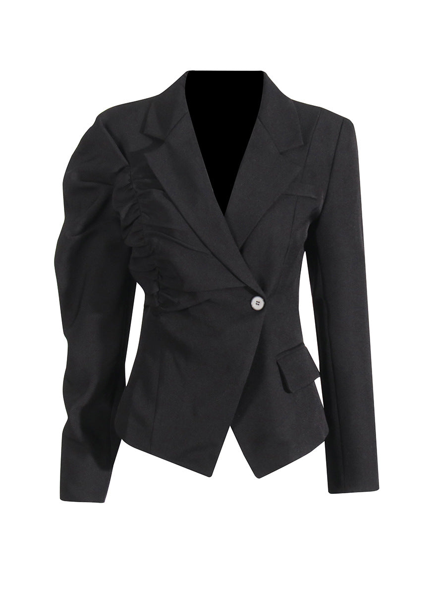 Asymmetric Tailored Blazer with Ruffled Sleeve – NOIR