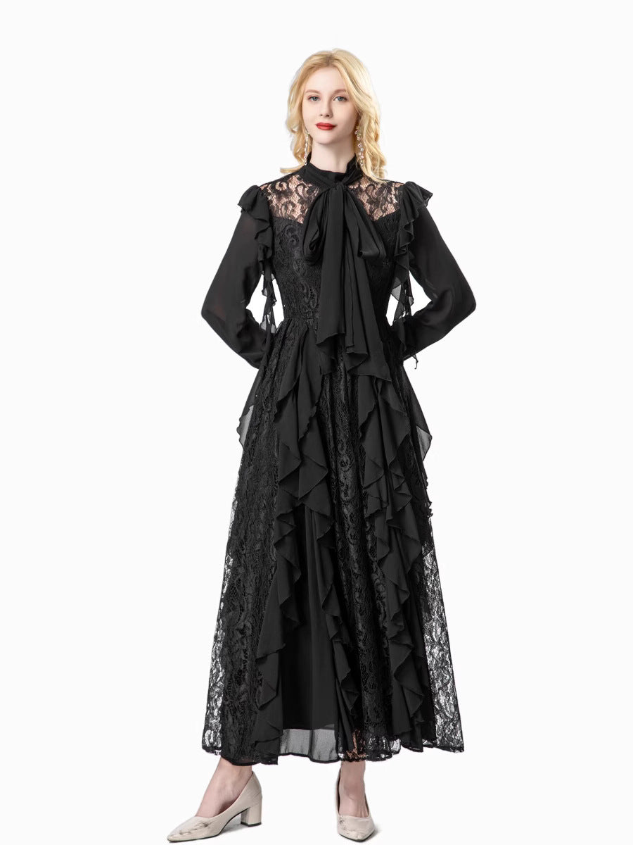 long-sleeve lace gown with cascading ruffle panels – VERONA