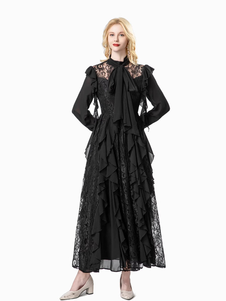 long-sleeve lace gown with cascading ruffle panels – VERONA